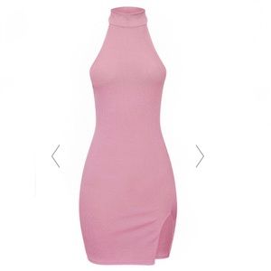 Mauve Backless Ribbed High Neck Split Detail Bodycon Dress